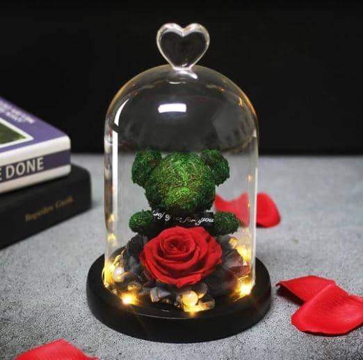 Rose Bear in Glass Dome