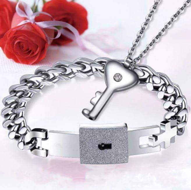 Heart Key Necklace & Lock Chain Bracelet Set